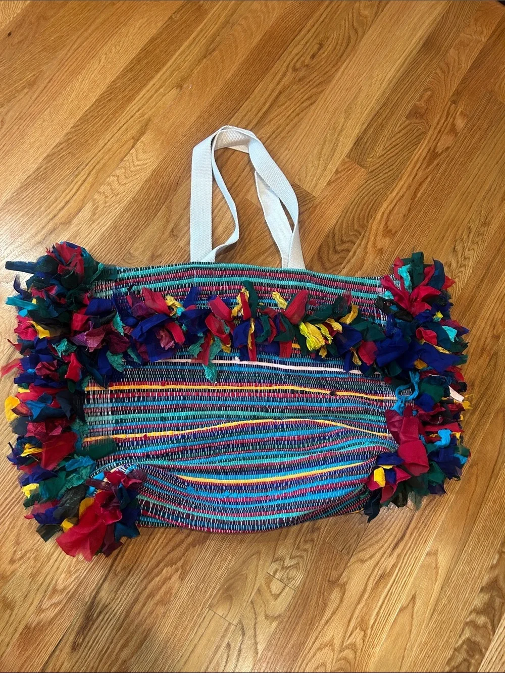 Raj Multicolor Fringe Woven Tote oversized XL carpet bag rotor new w/o tag